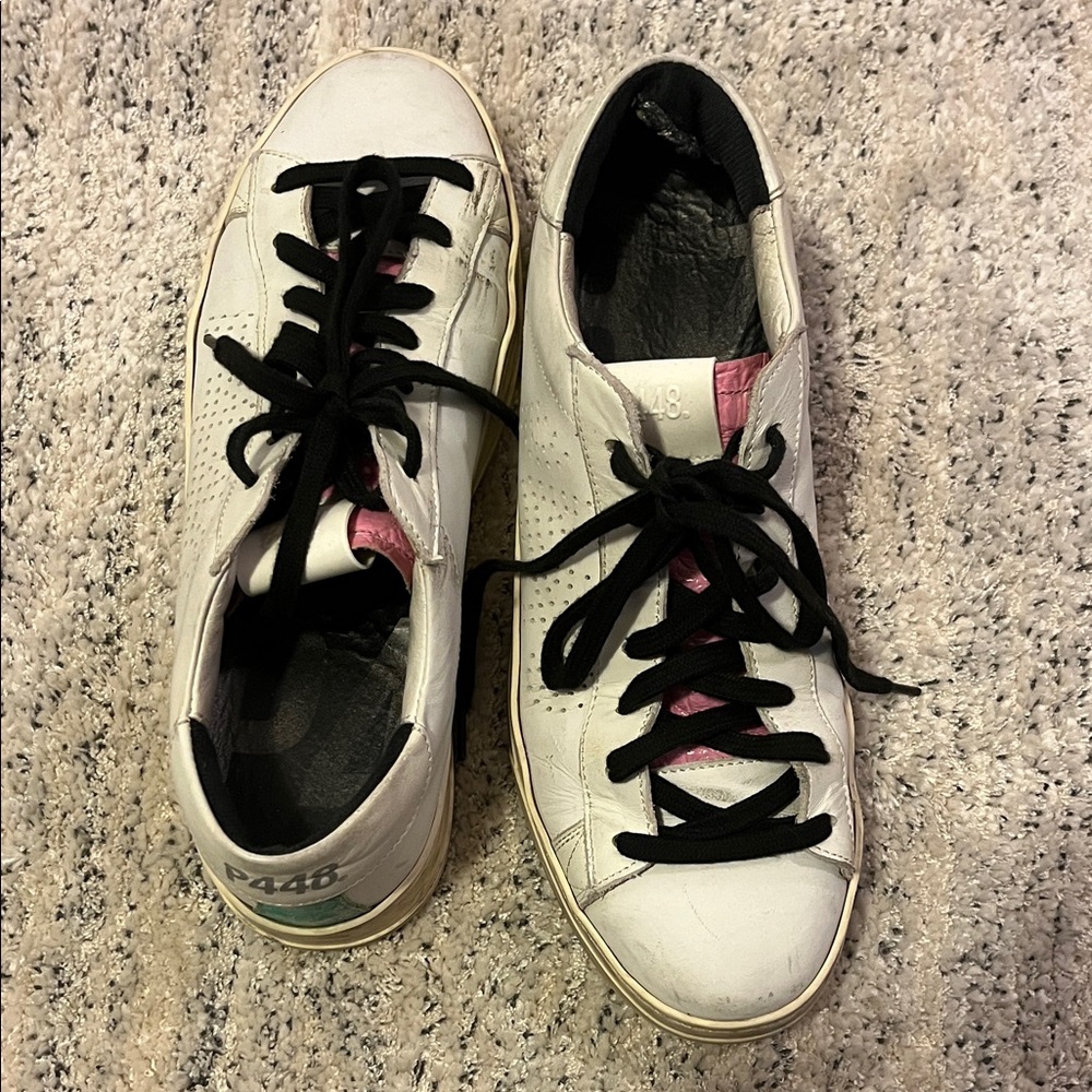 P448 Colorblock Leather Sneakers with Pink Tongue and Black Laces